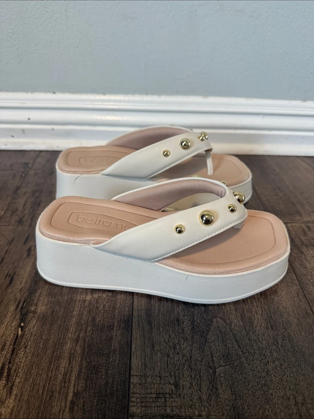 White Platform Thong Sandals with Blush Footbed and Gold Studs